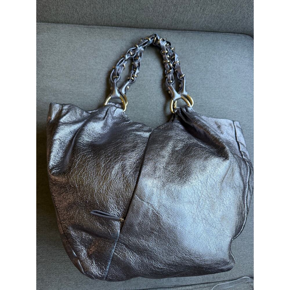 Elliot Lucca Silver Metallic Leather Shoulder Handbag Gold Braided Handles Boho - Picture 3 of 15